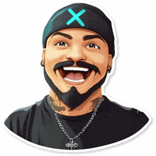 a cartoon drawing of a man with a beard wearing a beanie with a cross on it