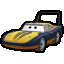 a yellow and blue car with a cartoon face is sitting on a white background .