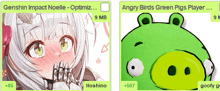 a picture of a girl and a picture of an angry birds green pigs player