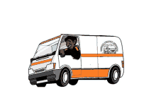 a cartoon drawing of a man driving a white and orange van with the words harbor freight services on the side .