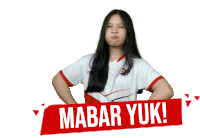 a girl making a funny face behind a sign that says ' mabar yuk '