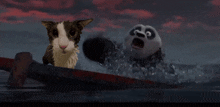 a black and white cat and a panda are in a boat in the water