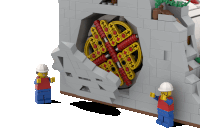 two lego figures are standing in front of a building that has a circular hole in the wall