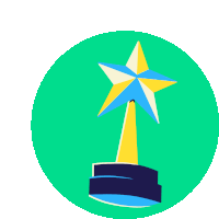 a trophy with a blue and yellow star on top of it in a green circle