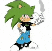 sonic the hedgehog is smoking a cigarette while wearing a black shirt with a marijuana leaf on it .