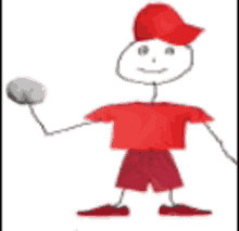 a stick figure wearing a red shirt and red shorts is throwing a baseball .