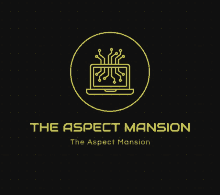 a logo for the aspect mansion with a laptop in a yellow circle on a black background