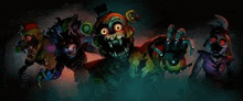 a group of five nights at freddy 's characters are standing next to each other .