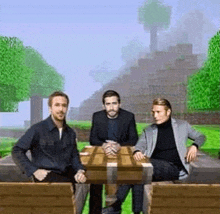 three men are sitting at a table in a park in a video game .