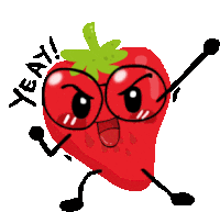 a cartoon illustration of a strawberry with arms and legs saying yeat