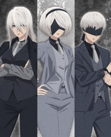 a group of three anime characters wearing suits and ties .