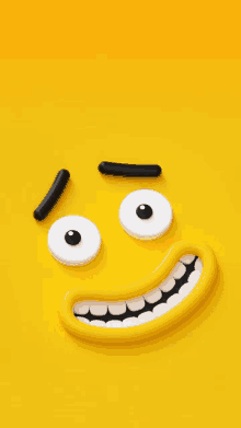 a yellow smiley face with white teeth and black eyebrows on a yellow background