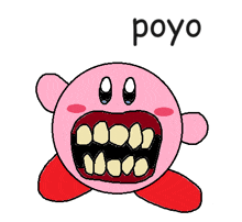 a drawing of kirby with a big mouth and the word " poyo " on the bottom