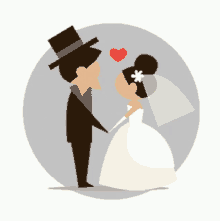 a bride and groom are standing next to each other with a heart in the background