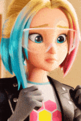 a close up of a cartoon girl wearing goggles and a leather jacket