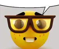 a cartoon smiley face wearing glasses with a speech bubble above it