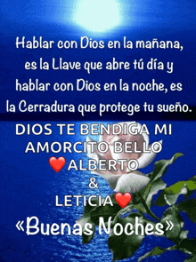 a picture of a hand holding a flower with the words " dios te bendiga mi amorcito bello alberto & leticia " below it