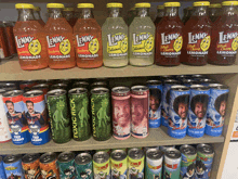 a shelf full of cans and bottles of lenny 's lemonades