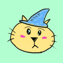 a drawing of a cat wearing a blue hat with the letters xtt on it