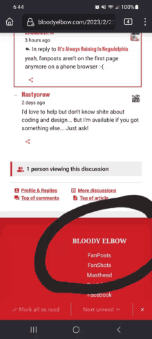 a screenshot of the bloody elbow website on a cell phone