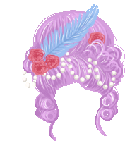 a purple wig with pearls and a feather in it