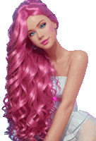 a woman with long pink curly hair and blue eyes