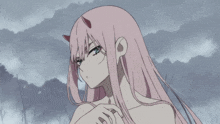 a girl with pink hair and horns is standing in a field