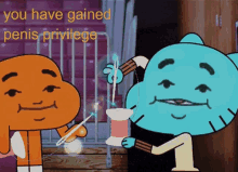 a cartoon of gumball and darwin with the words you have gained penis privilege above them