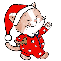 a drawing of a cat wearing a santa hat and a pajama with stars