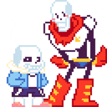 a pixel art drawing of papyrus and sans standing next to each other