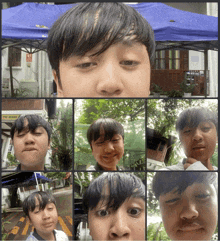 a collage of a boy 's faces with a sign that says " the ocean "