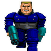 a man in a blue armor is holding a gun .