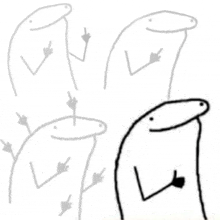 a group of stick figures are standing next to each other and pointing at each other .