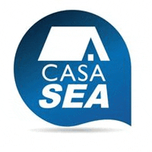 the logo for casa sea is a blue speech bubble with a roof and the words casa sea on it .