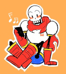 papyrus from undertale is sitting on a chair holding a microphone and a remote control .