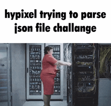 a woman in a red dress is working in a server room with the caption hypixel trying to parse json file challange