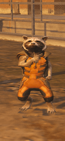 rocket raccoon from guardians of the galaxy is kneeling down with his hands on his chest