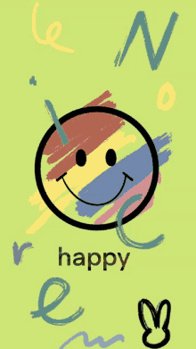 a drawing of a smiley face with the word happy below it