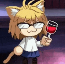 a cat girl with glasses is holding a glass of wine .