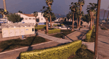 a video game scene with palm trees and a building that says ' city '