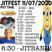 a flyer for jitfest 11 07 2020 shows a boy reading a book and a minion