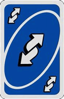 a blue uno card with two arrows pointing in opposite directions .