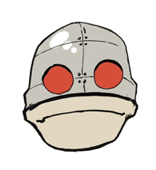 a drawing of a robot 's head with red eyes