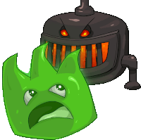 a cartoon drawing of a green monster and a black monster with orange teeth