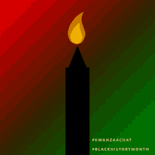 a black candle with a yellow flame is against a red and green background