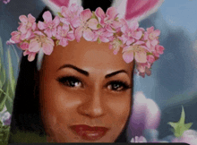 a woman with a flower crown on her head