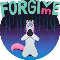 an illustration of a unicorn praying with the words forgive me above it