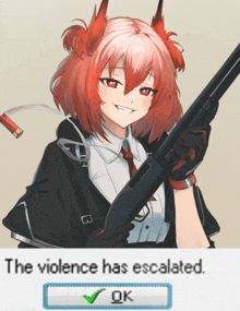 a girl with red hair is holding a shotgun with the words the violence has escalated above her