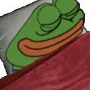 a green frog is laying in a bed with his eyes closed and a red blanket .