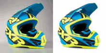 a blue and yellow helmet with fxr written on the side